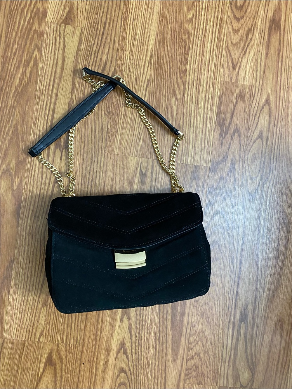 Mango Black Suede Chain Shoulder Bag with Gold Hardware